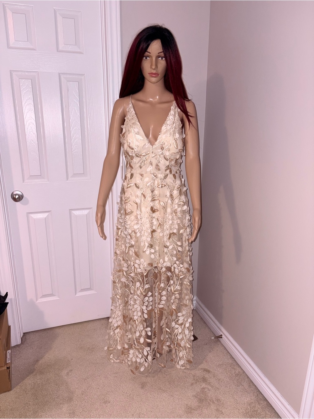 Ivory Floral Appliqué V-Neck Maxi Dress with Sheer Overlay